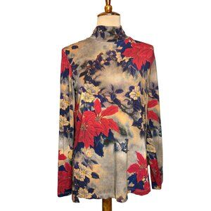 Johnny Was Claret Mock Neck Long Sleeve Floral Print Top Blouse M